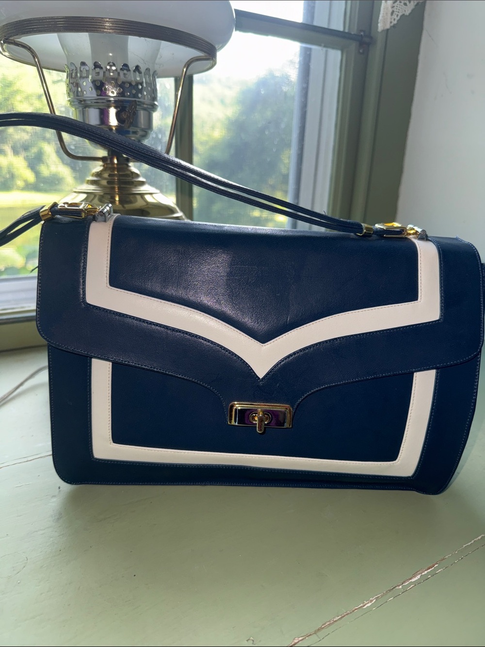 Navy and White Leather Shoulder Bag